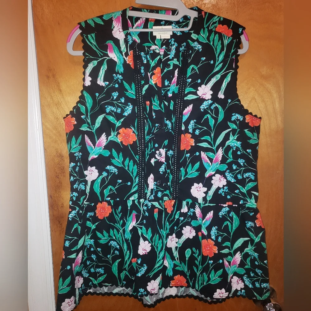 NWOT Kate Spade Jardin cotton poplin floral hummingbird peplum top